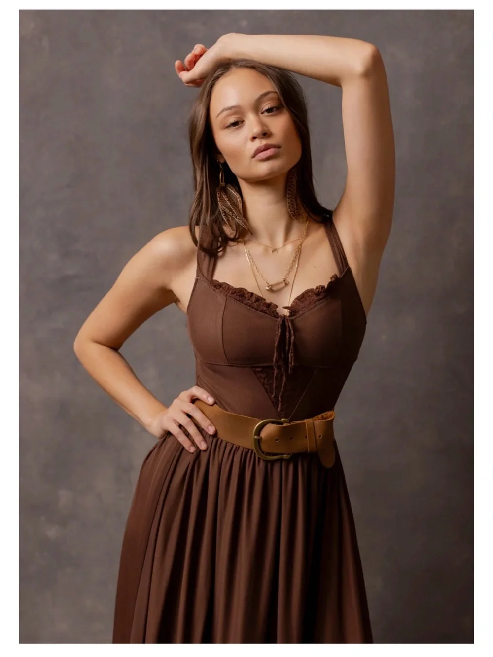 Joyfolie Chocolate Brown Elinda Ruffled Maxi Dress - Picture 3 of 6